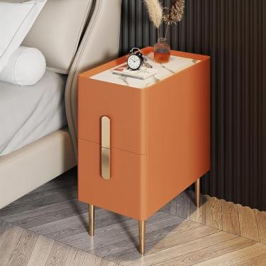 Imagem de Mesa de cabeceira fina com 2 gavetas, mesa de cabeceira de couro sintético moderna e minimalista com pernas de metal, armário de cabeceira para espaços estreitos nos quartos, laranja, 25 x 40 x 50 cm