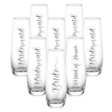Imagem de NUPTIO Taças de champanhe presente de chá de panela: conjunto de 8 flautas de festa sem haste Prosecco Tumbler noiva dama de honra dama de honra casamento prata transparente em relevo