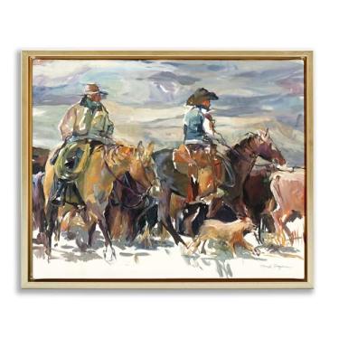 Imagem de Stupell Industries The Roundup Western Painting Framed Floater Canvas Wall Art Design por Marilyn Borglum, moldura flutuante dourada, 78 x 63 cm