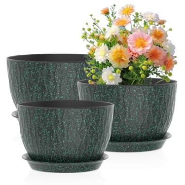 Imagem de Meowell Vasos de plantas grandes de 12/10/23 cm, pacote com 3 vasos de flores grandes para plantas internas ao ar livre com ondulações, vasos de plástico largos com orifícios de drenagem e pires para