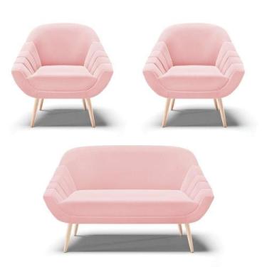 Imagem de Kit 01 Namoradeira E 02 Poltronas Suede Rosa Bebê Natural - DMOV