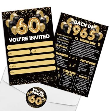 Imagem de REWIDPARTY Convites de aniversário de 60 anos de ouro preto com envelopes e adesivos (conjunto de 15) Back in 1964 Preencha convites Happy 60th Birthday Convite Cards 60 Years Old Birthday Party