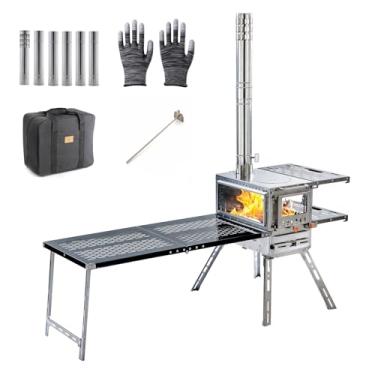 Imagem de Fogão a lenha, fogão quente para tenda, fogão a lenha, fogão de acampamento portátil de aço inoxidável com forno e mesa de acampamento e 6 tubos de chaminé para atividades ao ar livre, acampamento,