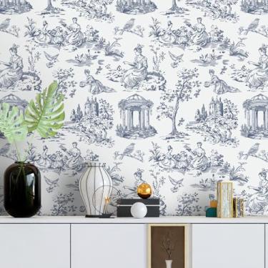 Imagem de ReWallpaper Papel de parede Blue Toile French Country Peel and Stick Papel de parede floral vintage para quarto Papel de parede removível azul e branco papel de contato floral de pássaro para cozinha,