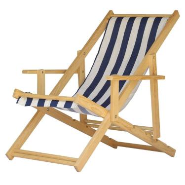 Imagem de Espreguiçadeira Preguiçosa Dobrável Madeira Maciça Natural Listrado Azul/Branco
