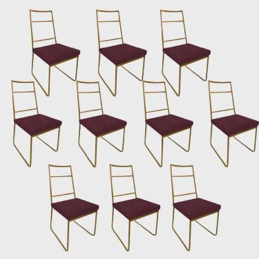 Imagem de Kit 10 Cadeiras Sala de Jantar Escritório Office Stark Industrial Ferro Dourado Suede Bordô - Ahz Móveis