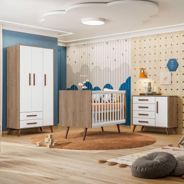 Imagem de Quarto De Bebê Retrô Branco/Carvalho Guarda Roupa Cômoda E Berço Mini Cama