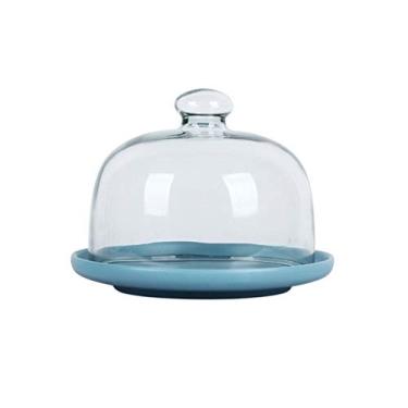 Imagem de Bandeja de frutas de bar, prato de sushi de sobremesa de cerâmica servidor de cúpula de vidro donut à prova de poeira três cores 6/8/10 polegadas suportes de bolo (cor: azul, tamanho: 20,5 * 20,5 * 17