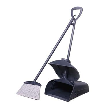 Imagem de Conjunto moderno de vassoura azul e pá de lixo dobrável com cabo longo, suprimentos de limpeza para casa conveniente