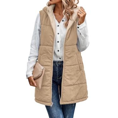 Imagem de ECOWISH Colete feminino longo acolchoado: jaqueta de lã reversível com zíper de outono 2024 casaco quente sem mangas com capuz com bolsos, Camelo claro, GG