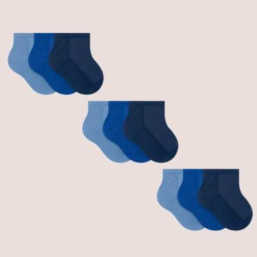 Imagem de Kit 9 Pares De Meias Selene Infantil Cano Curto Algodão, Azul, 21 a 24