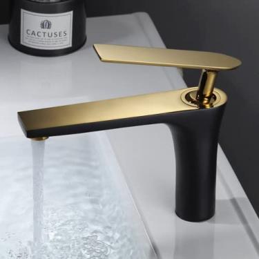 Imagem de Torneira De Banheiro Torneira De Banheiro De Latão Dourado Escovado Misturador De Água Fria E Quente Torneira De Pia Montada No Convés Torneira Preta/cromada, Gold Black Short