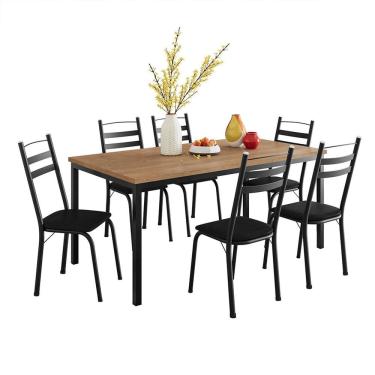 Imagem de Conjunto de Mesa Retangular com Tampo de MDP Amadeirado e 6 Cadeiras Adriana III Revestimento Sintético Preto