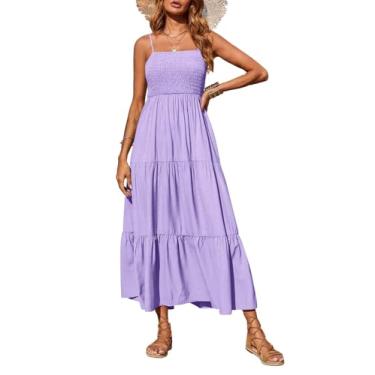 Imagem de PRETTYGARDEN Vestido maxi feminino de verão, casual, boêmio, sem mangas, alças finas, franzido, longo, vestido de sol de praia, Roxo claro, G