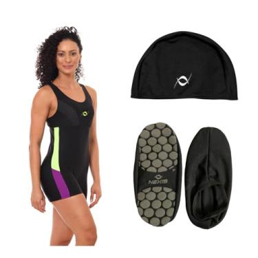 Imagem de Kit Macaquinho Maiô Touca Tecido E Sapatilha Antiderrapante Hidroginástica (Touca Preto - Sapatilha Preto M, G)