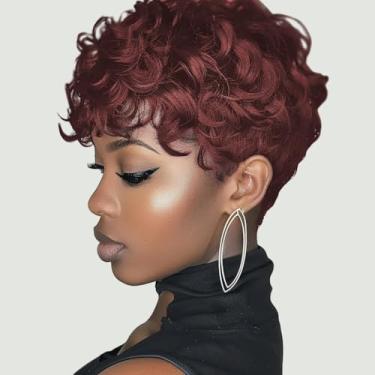 Imagem de Iianaebeh Peruca Bob, Cabelo Humano, Corte Curto Pixie, Para Mulheres Negras - Sem Renda Frontal, Cola, Pré-Arrancada, Cacheada Com Franja, Uso Diário