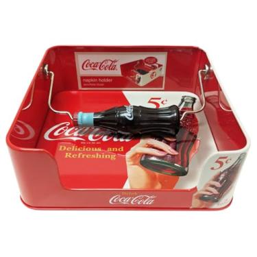 Imagem de Porta-guardanapos plano Tin Box Company com alça de réplica de plástico, Coca Cola