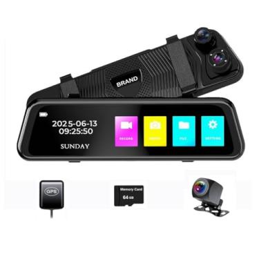 Imagem de Espelho retrovisor de carro de 3 canais, com controle de aplicativo WiFi, rastreador GPS, tela sensível ao toque IPS de 9,7 polegadas, frente HD 1080p + câmeras traseiras duplas 720p, monitor de