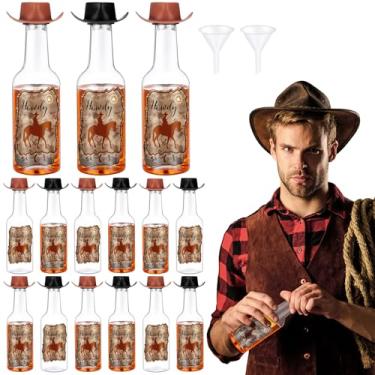Imagem de Honeydak Conjunto de 12 mini chapéus de cowboy, garrafas de vinho, decoração de festa ocidental, chapéu de caubói pequeno, marrom, preto, garrafas de álcool de plástico com funis para lembrancinhas de