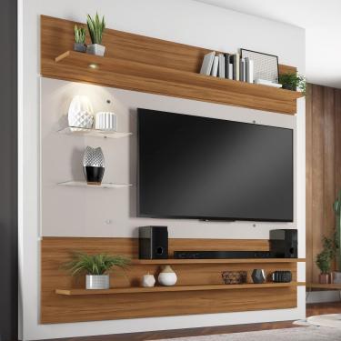Imagem de Painel Suspenso TV Até 60 Polegadas 5 Prateleiras Luz LED Sala de Estar Marrom Madeira e Off White