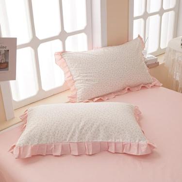 Imagem de Conjunto de fronhas com babados florais rosa para cama de flores fofas tamanho padrão fronhas de algodão com babados rosa elegantes para meninas, conjunto de fronhas de flores cottagecore, (2 peças
