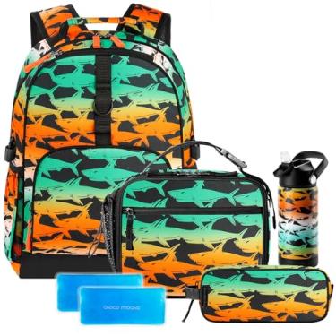 Imagem de Choco Mocha Conjunto de mochila escolar infantil de 43 cm para meninas e meninos, 4 peças, Tubarão preto, Meninos