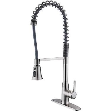 Imagem de Torneira de cozinha com pulverizador de puxar para baixo, torneira comercial de arco alto com mola de pia de cozinha com cabeça de pulverizador de função dupla, torneiras de cozinha Rv modernas com placa de convés, níquel escovado