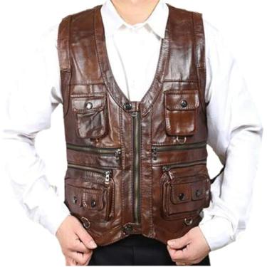 Imagem de Colete De Couro Masculino Colete Marrom Masculino Jaqueta Sem Mangas Grossa Motocicleta Plus Size Colete Multi Bolso, 1, 3XL