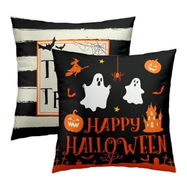Imagem de Capas de almofada Happy Halloween Castelo Fantasma Abóbora 45,7 x 45,7 cm Conjunto de 2 Travessuras ou Travessuras Listra Preta e Branca Capas de Almofada Quadradas de Algodão Macio para Decoração de