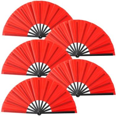 Imagem de Oncpcare 5 peças grande ventilador de mão em massa, chinês japonês Kung Fu Tai Chi Popping Clack Rave leques dobráveis portáteis para dança em linha (vermelho)