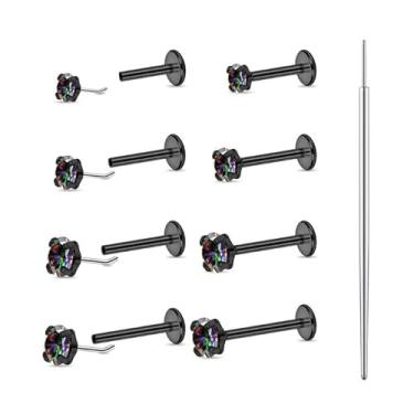 Imagem de Beautidots 9 peças 16G brincos de nariz preto e costas planas aço inoxidável tragus labret cartilagem lábio medusa concha piercing joia CZ diâmetro 2 3 4 mm comprimento da barra 6 7 8 9 mm para