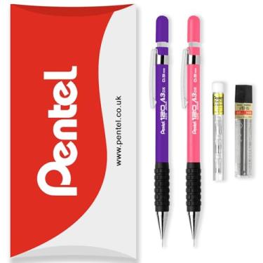 Imagem de Pentel Lapiseira automática série 120 A315 + refil de 12 HB + tubo de refis de borracha - na embalagem de travesseiro - 0,5 mm - pacote com 2 lápis, violeta e rosa