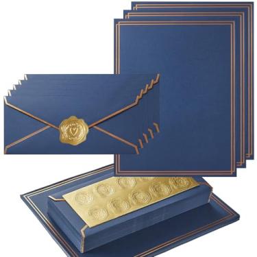 Imagem de Topeen Conjunto de 50 artigos de papelaria com borda dourada, envelopes de negócios nº 10, folhas de papel e adesivos de 21 x 28 cm para escrever cartas (azul marinho, 21 x 28 cm)