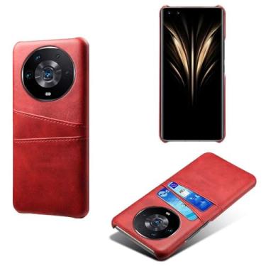 Imagem de Capas Compatível com Honor Magic4,Caso de couro PU-Tampa de telefone a prova de choque com 2 slots de cartão,Proteção anti-impressão digital e anti-gota-Red