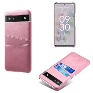 Imagem de Capas Compatível com Google Pixel 6A 5G,Caso de couro PU-Tampa de telefone a prova de choque com 2 slots de cartão,Proteção anti-impressão digital e anti-gota-Pink