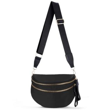 Imagem de Bolsa tiracolo quadriculada feminina de nylon quadriculada pochete transversal com alça ajustável, Preto, 12.8 x 5.6x8.8 inches