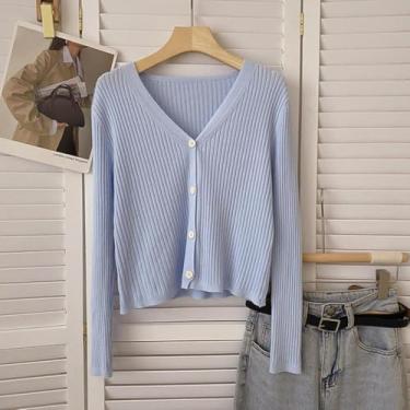 Imagem de Crop Cardigans De Malha Mulheres Slim Manga Comprida Decote Em V Botão Up Casual Soft Chic Básico Jumpers Moda Camisola, Blue, One Size