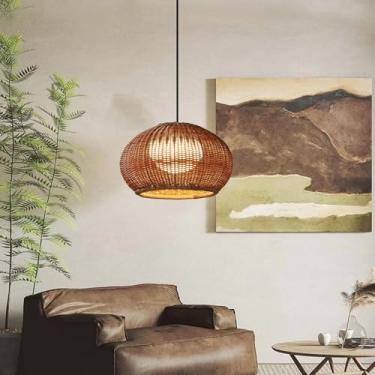 Imagem de MIXL - Luminária pendente de vime tecida à mão, luminária externa à prova d'água, luminária pendurada ajustável, luminária de pendurar estilo vintage para jardim, pátio e quintal