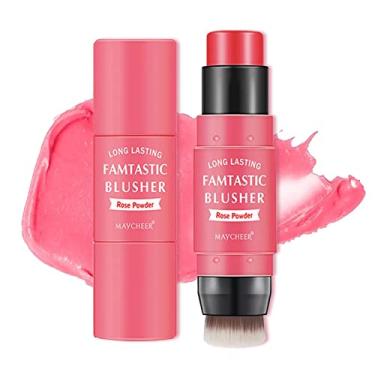 Imagem de Blush Stick com pincel,Blush em bastão à prova d'água para bochechas | blush em creme para todos os tons pele, blush e batom 2 em 1 dupla cabeça, presente maquiagem