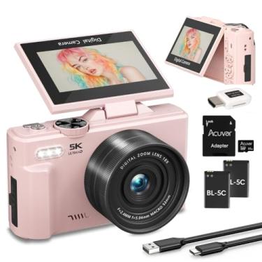 Imagem de Câmera digital 5K para fotografia e vídeo – Câmera vlogging UHD de 75 MP com WiFi, foco automático, tela flip de 3 polegadas, zoom de 18X – Câmera de viagem compacta para YouTube com cartão SD de 64