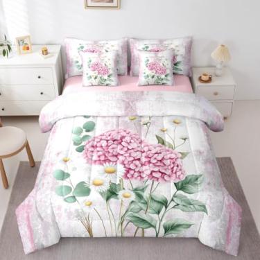 Imagem de Erosebridal Conjunto de cama casal com flores em aquarela, pintura a óleo, abstrata, hortênsia, casa de fazenda, rústico, conjunto de edredom com lençol ombré, rosa, verde e branco