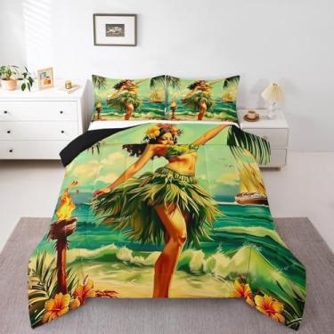 Imagem de Erosebridal Jogo de cama Tiki Bar Hula Girl Hawaiian Beauty Conjunto de cama com folhas de palmeira tropical, verão, oceano, veleiro, edredom casal para crianças, meninos e meninas