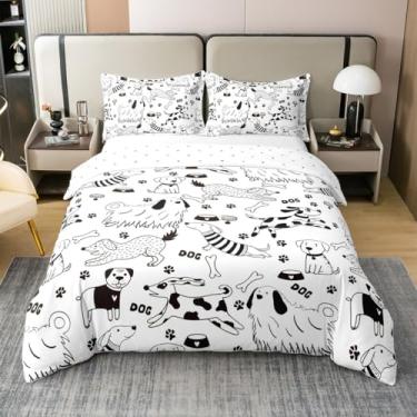 Imagem de Manfei Jogo de cama de casal com desenho animado de cachorro 100% algodão puro, capa de edredom preto e branco (sem enchimento) Conjunto de cama com patas de animais para decoração de quarto, 2 peças