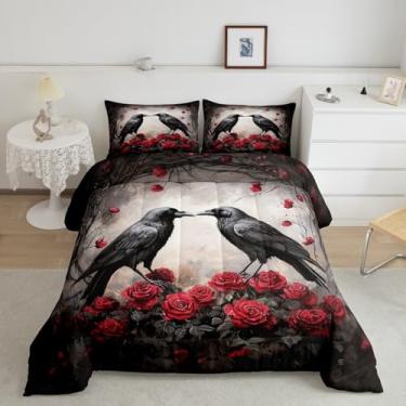 Imagem de Manfei Jogo de edredom Queen com rosa corvo preto, estilo casa de fazenda, para crianças, meninas, meninos, conjunto de edredom para crianças, meninas, meninos, edredom com 2 fronhas, preto e vermelho