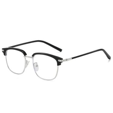 Imagem de Armação de óculos masculina ultraleve de metal elipse meia armação anti-luz azul lente transparente, preta prateada, C