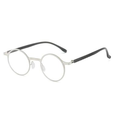 Imagem de Armação de óculos redonda retrô masculina e feminina, ultraleve, metal, anti-luz azul, lente transparente, prata, C