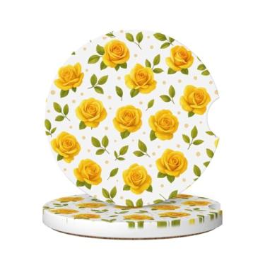 Imagem de Neukim Pacote com 2 porta-copos de carro de folha verde rosa amarela, design pontilhado de 6 cm, porta-copos absorvente de cerâmica antiderrapante com base de cortiça e entalhe de dedo, acessórios de