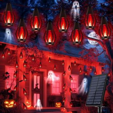 Imagem de iBaycon Luzes solares de Halloween à prova d'água, 10 lâmpadas de LED cintilantes com cordão de luz para jardim, quintal, pátio, decorações de Halloween (vermelho)