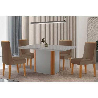 Imagem de Conjunto Sala de Jantar Pietá c/ Tampo Madeirado c/ Vidro Canto Curvo 120x80cm e 4 Cadeiras Dakota Madeira Maciça Naturale/Off White - Suede Capuccino