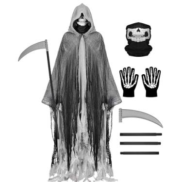 Imagem de Fantasia de Ceifador, Capa com Capuz de Halloween, Fantasias de Cosplay para Adultos, Capa de Ceifador com Foice, Máscara de Caveira, Luvas, Cinza, M